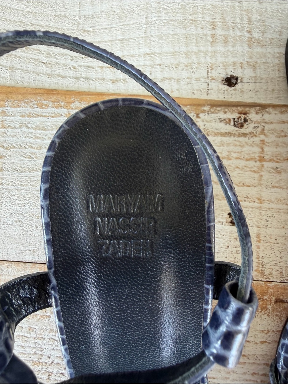 Maryam Nassir Zadeh Navy Croc-Embossed Low Block Heel Sandals - Picture 6 of 7